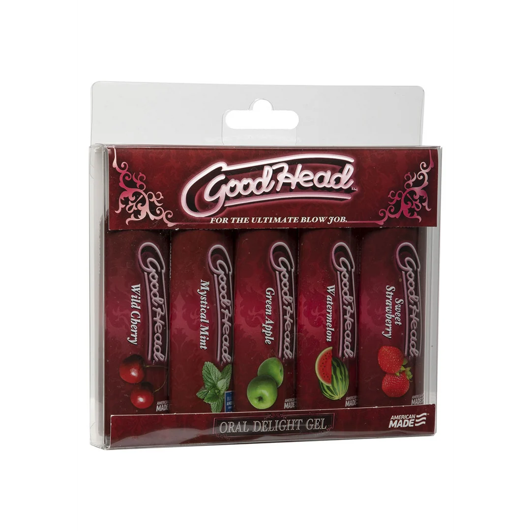 Lubrykant smakowy – zestaw 5 żeli doustnych GoodHead do seksu oralnego – wiśnia, mięta, arbuz, zielone jabłko, słodka truskawka – 5 x 1 fl oz / 30 ml – Doc Johnson - obrazek 1
