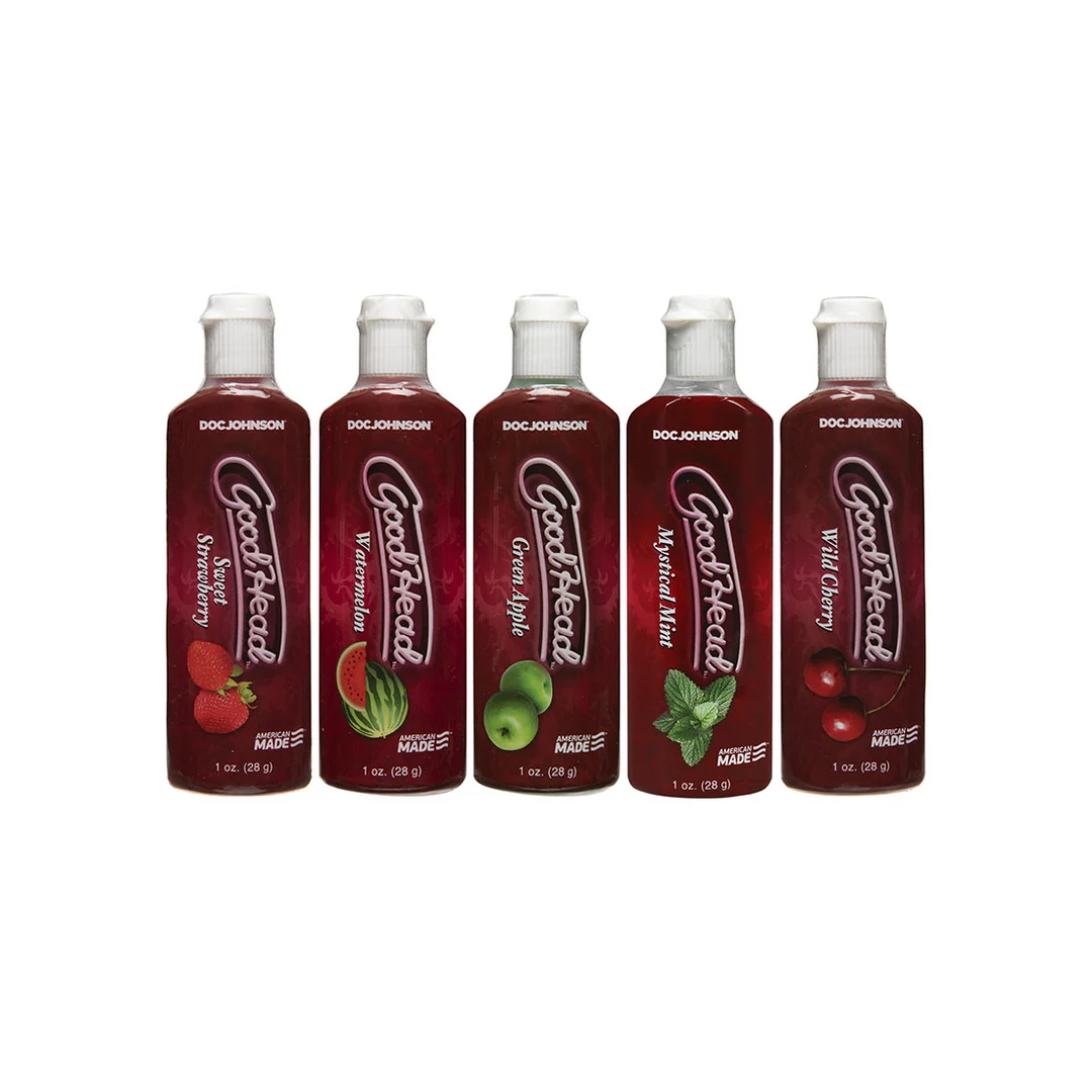 Lubrykant smakowy – zestaw 5 żeli doustnych GoodHead do seksu oralnego – wiśnia, mięta, arbuz, zielone jabłko, słodka truskawka – 5 x 1 fl oz / 30 ml – Doc Johnson - obrazek 2