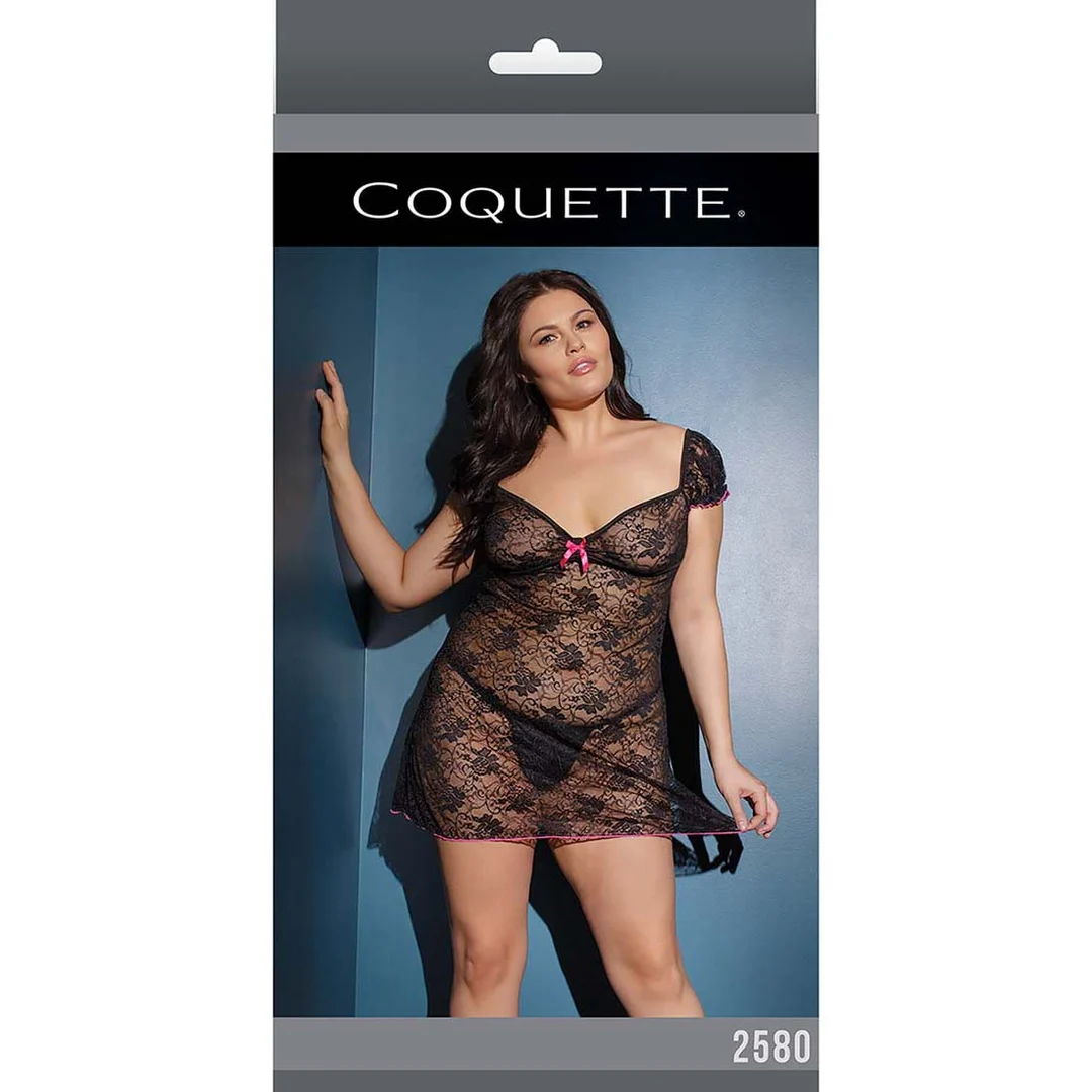 Koronkowa babydoll plus size z różowymi detalami i kokardką, dla pełniejszych kształtów | SexyPlus - obrazek 1