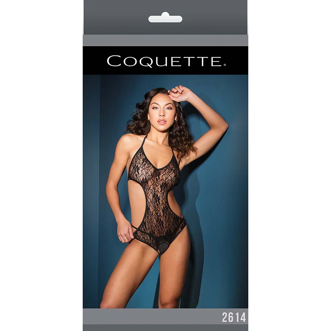2614BLK-OS-2 Koronkowe teddy halter z otwartym krokiem dla zmysłowego wyglądu – LIN - obrazek 1