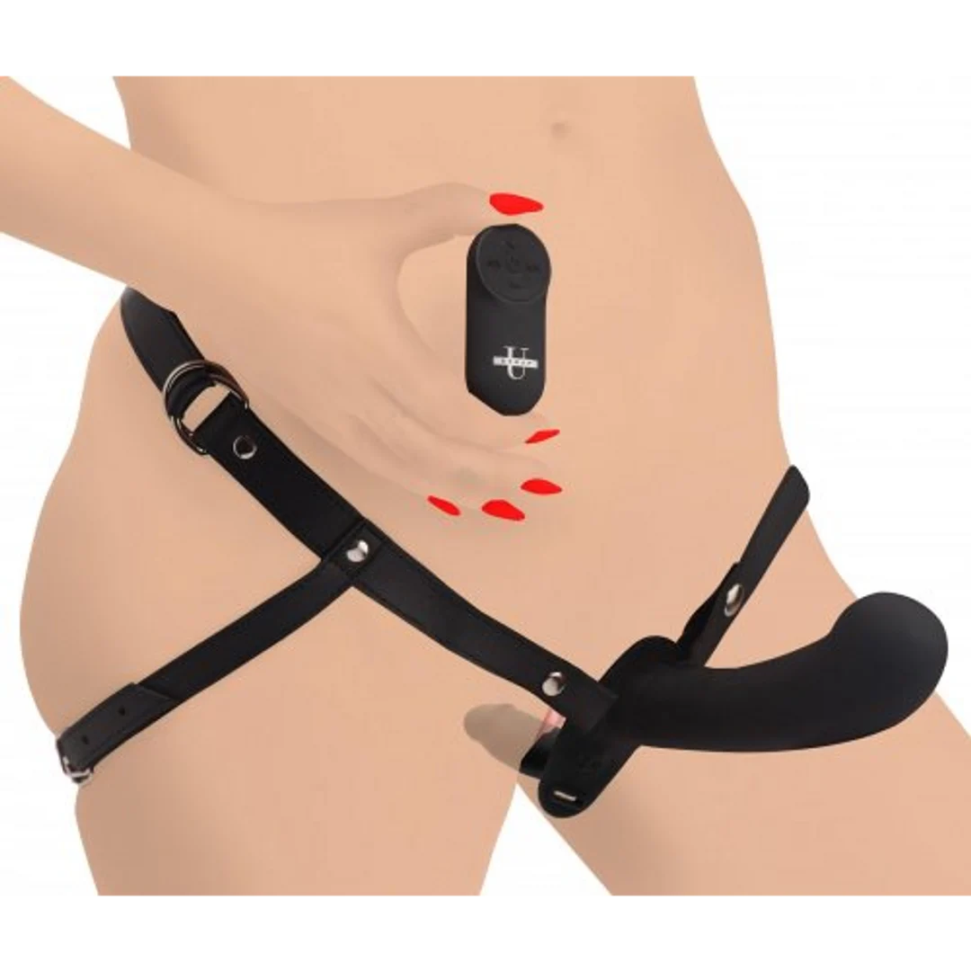 Wibrator dla par – podwójne dildo z uprzężą i pilotem – XR Brands czarny XR Brands - obrazek 2