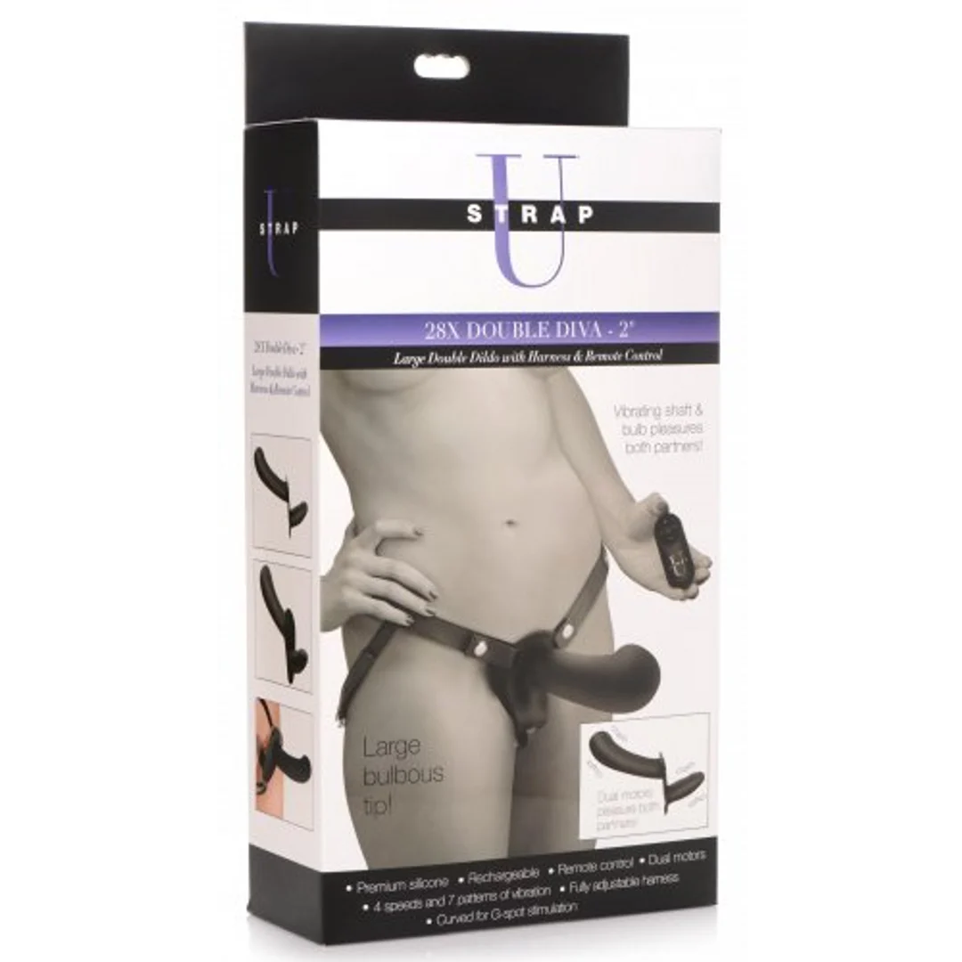 AG858-BLACK-2 Wibrator dla par – podwójne dildo z uprzężą i pilotem – XR Brands czarny XR Brands - obrazek 1
