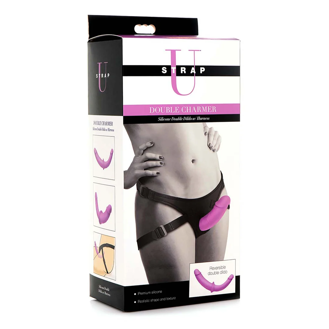 strap on z regulowanym paskiem – Double Charmer – podwójne silikonowe dildo z uprzężą - obrazek 1