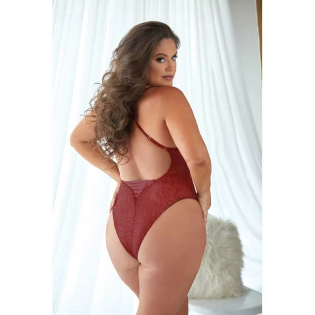 ALL4-41032X3X-5 Koronkowe body Allure w panterkę, rubinowe - obrazek 1
