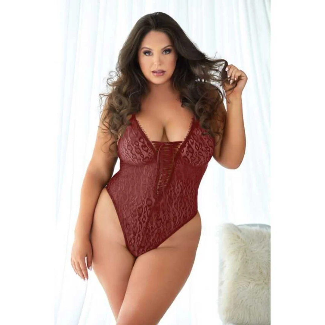 Koronkowe body Allure w panterkę, rubinowe - obrazek 2