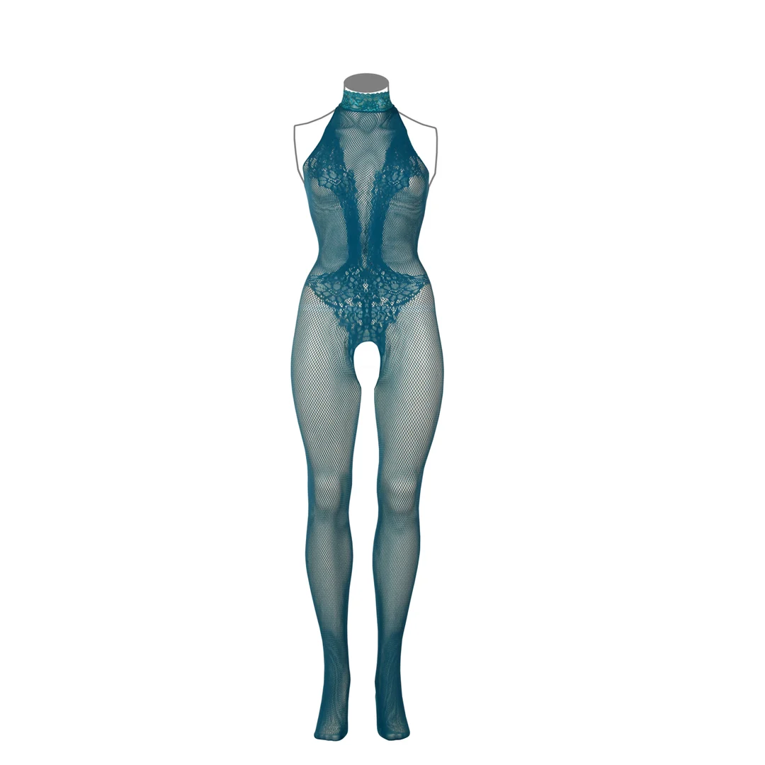 Koronkowy bodystocking z kabaretkowej siateczki i otwartym krokiem, zmysłowy look dla osób o krągłych kształtach – LIN - obrazek 6