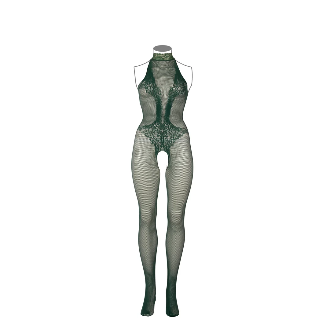 Koronkowy bodystocking z kabaretkowej siateczki i otwartym krokiem, zmysłowy look dla osób o krągłych kształtach – LIN - obrazek 18