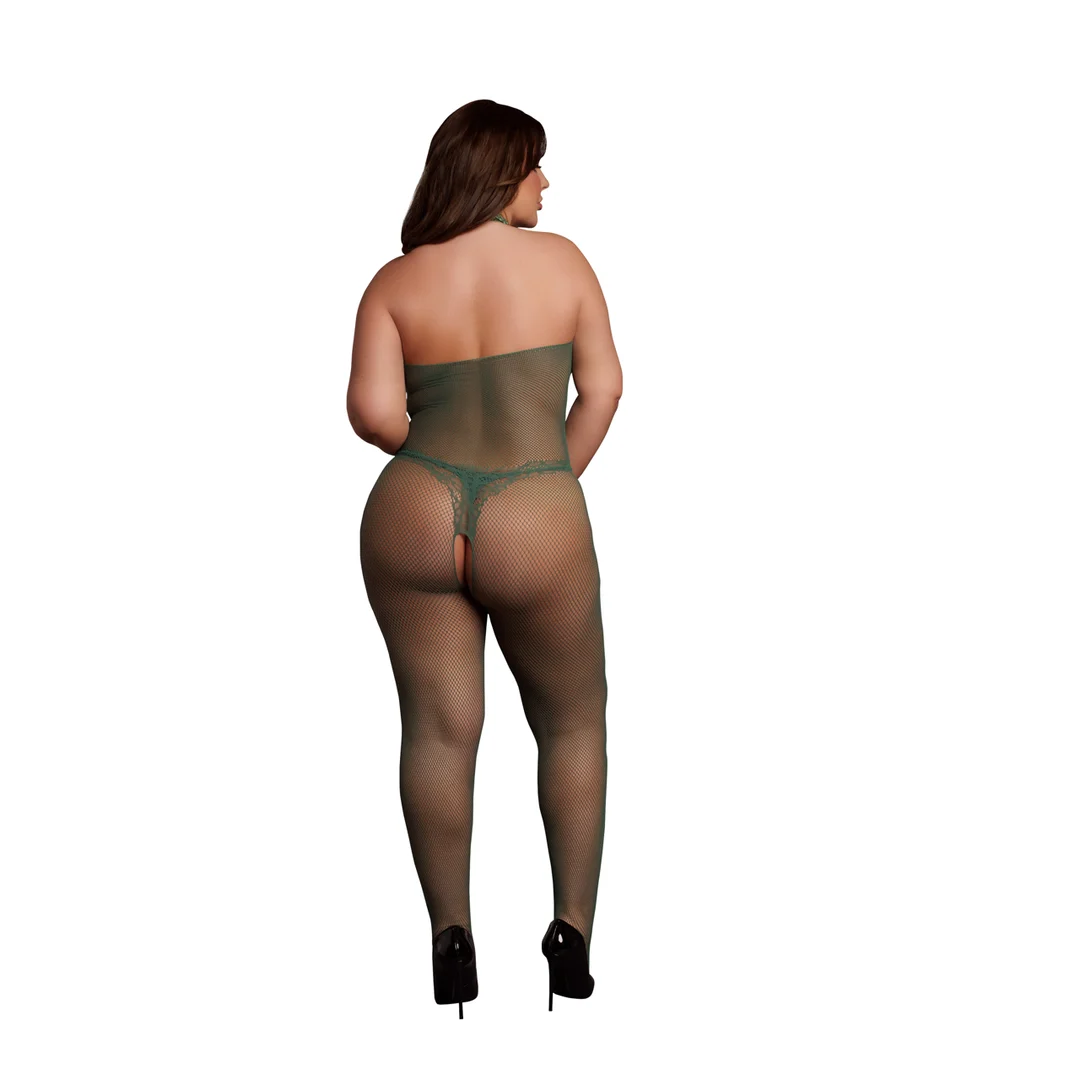 Koronkowy bodystocking z kabaretkowej siateczki i otwartym krokiem, zmysłowy look dla osób o krągłych kształtach – LIN - obrazek 15