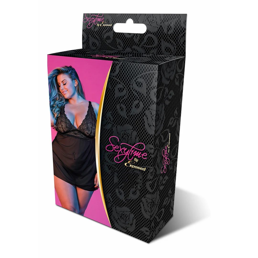Czarna koszulka babydoll z odkrytymi plecami i stringami, rozmiar 2X - obrazek 1