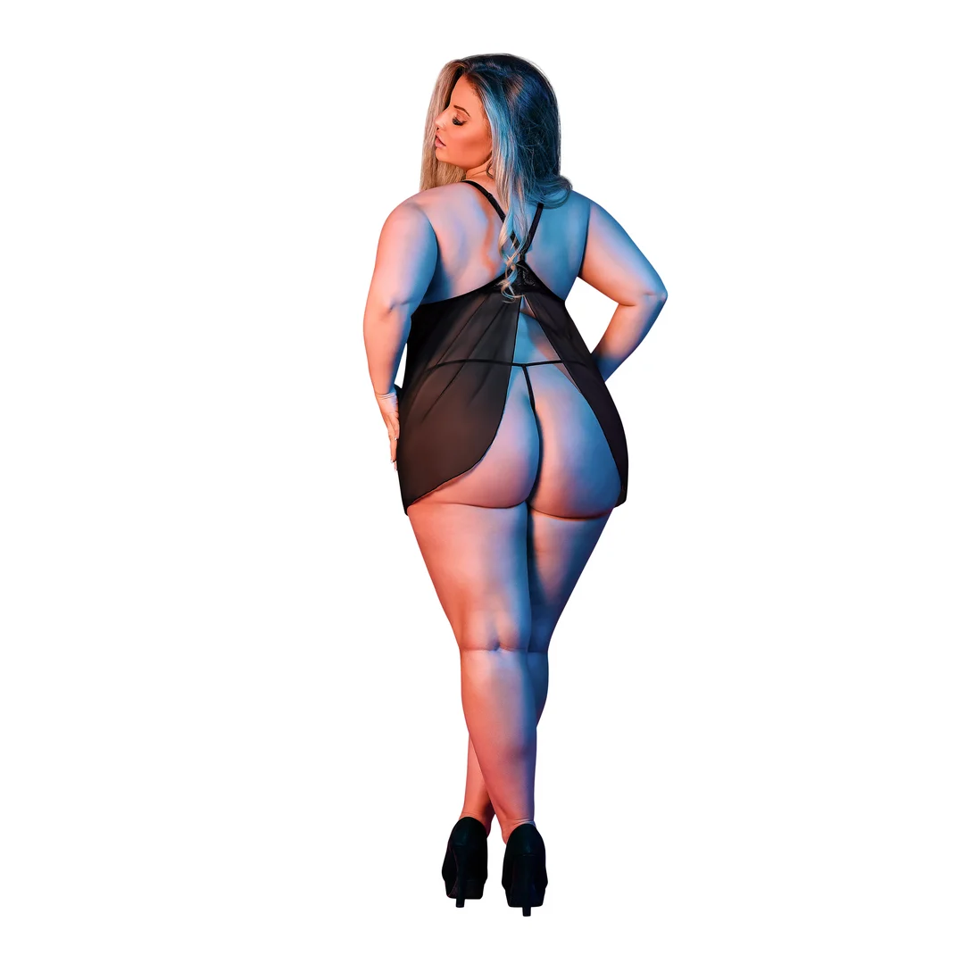 Czarna koszulka babydoll z odkrytymi plecami i stringami, rozmiar 2X - obrazek 3