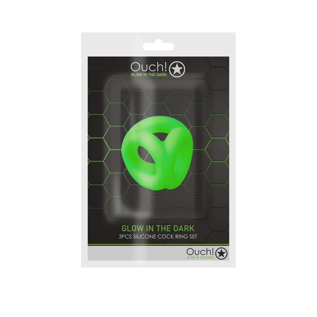 Pierścień erekcyjny Ouch! Glow in the Dark z paskiem na jądra - obrazek 1
