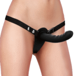 Strap on z regulowanym paskiem – podwójny silikonowy, prążkowany strap on, regulowany, czarny - obrazek 4