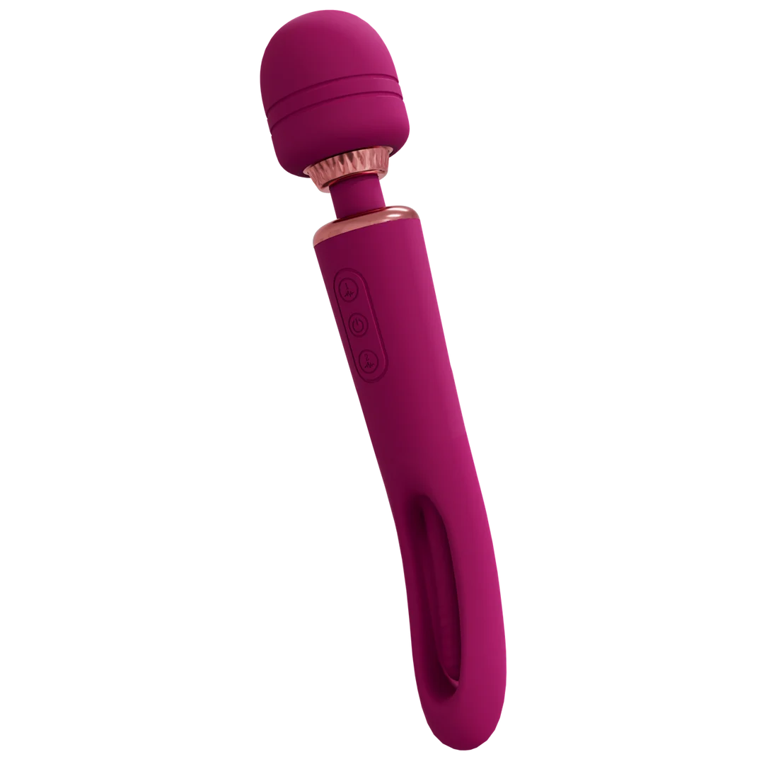 Wibrator typu wand z dwiema końcówkami, ruchomym języczkiem i dwoma silnikami, VIVE, fioletowy, VIVE by Shots - obrazek 3